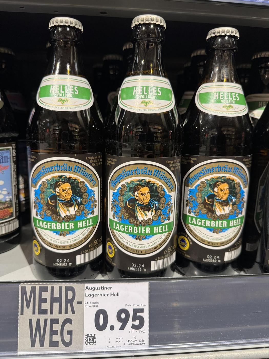 超市的啤酒一瓶 €0.95