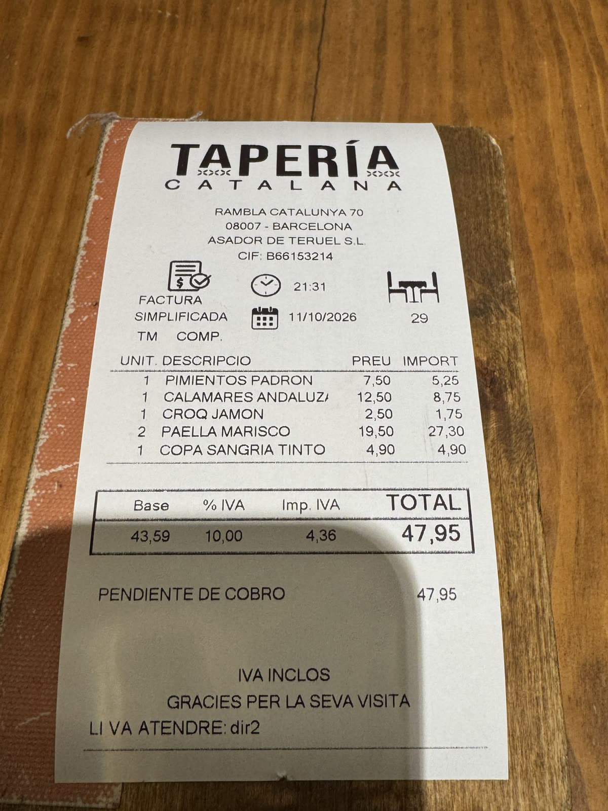 收據：結帳 €47.95
